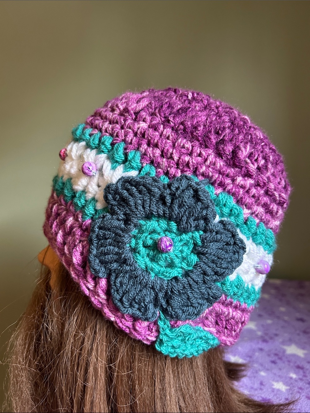 Handmade Purple soft acrylic yarn Crochet Beanie with Teal Flower Accent
